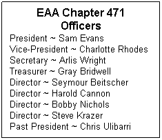 Text Box: EAA Chapter 471
Officers
President ~ Sam Evans
Vice-President ~ Charlotte Rhodes 
Secretary ~ Arlis Wright
Treasurer ~ Gray Bridwell
Director ~ Seymour Beitscher
Director ~ Harold Cannon
Director ~ Bobby Nichols
Director ~ Steve Krazer
Past President ~ Chris Ulibarri
 
