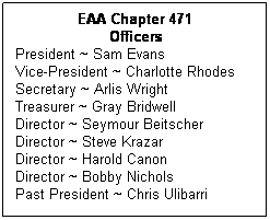 Text Box: EAA Chapter 471
Officers
President ~ Sam Evans
Vice-President ~ Charlotte Rhodes 
Secretary ~ Arlis Wright
Treasurer ~ Gray Bridwell
Director ~ Seymour Beitscher
Director ~ Steve Krazar
Director ~ Harold Canon
Director ~ Bobby Nichols
Past President ~ Chris Ulibarri
 
